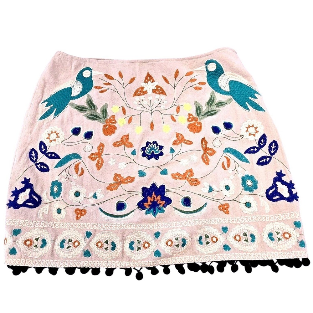 Umgee Womens M Boho Embroidered Mini Skirt Birds Floral Pom Pom Cottagecore‎